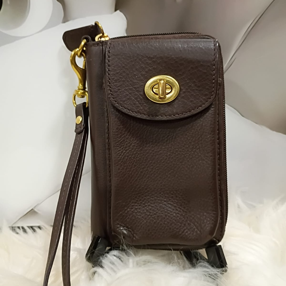 Coach Dark Brown Wristlet with Gold Hardware
